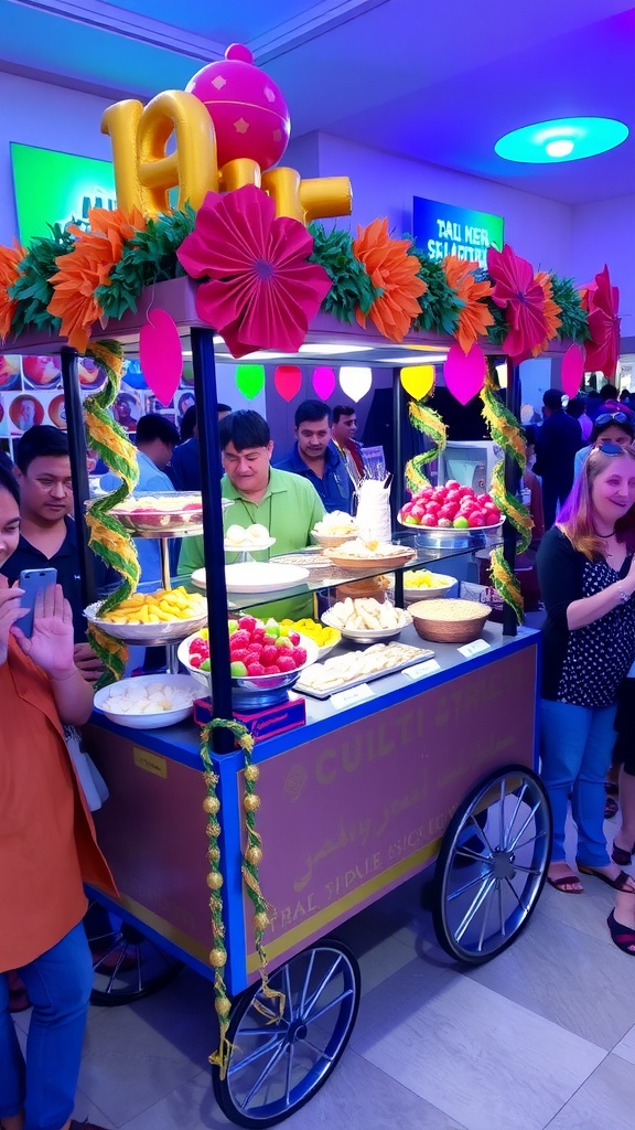 Delicious Snack Cart Ideas for Your Next Party A decorated snack cart with an assortment of fruits, veggies, cheeses, and desserts, surrounded by guests.